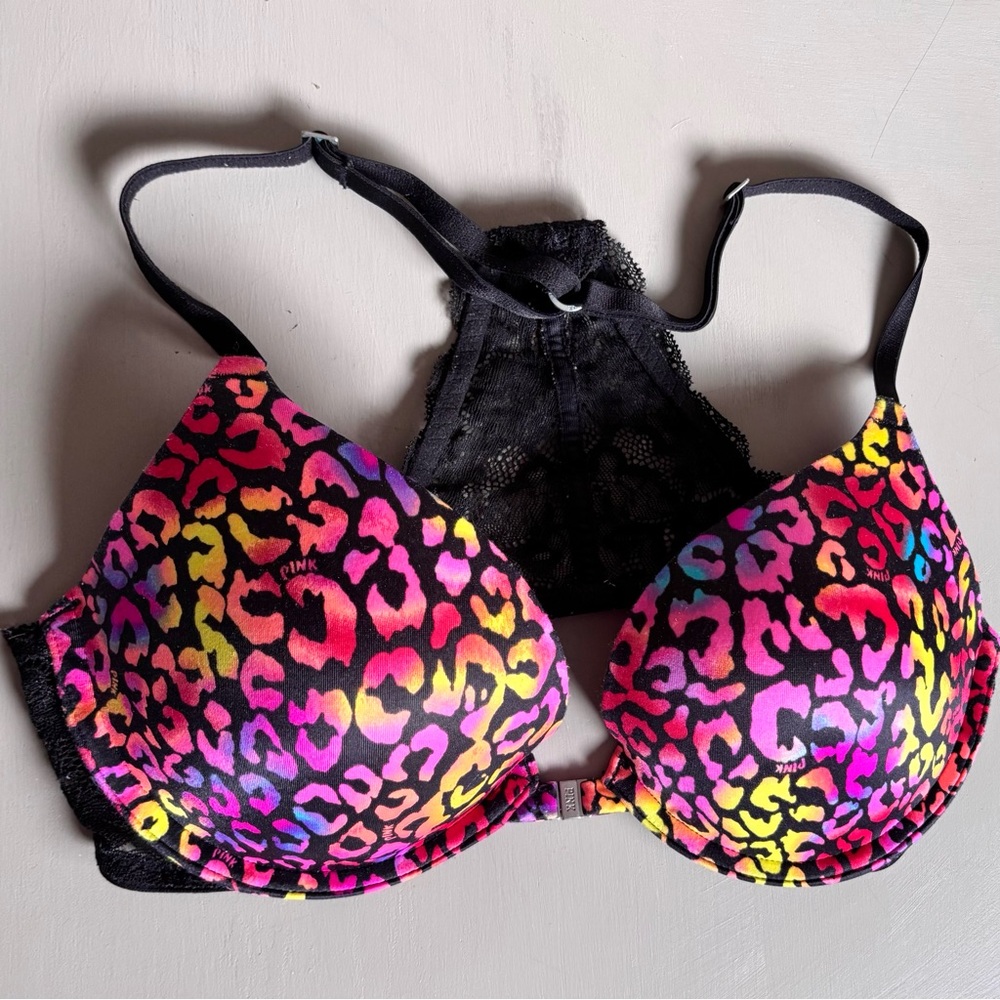 PINK Victoria's Secret Rainbow Animal Print Push-up Demi Racerback Bra